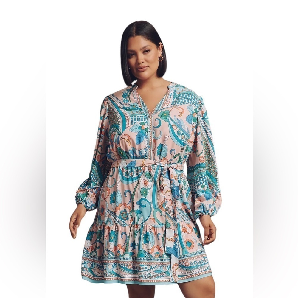 Adrianna Papell NWT Floral Printed Paisley Long Sleeve Colourful Mini Dress 26 W